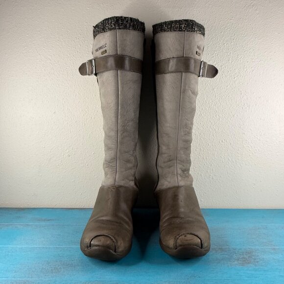 Merrell Womens Tall Leather & Knit Buckle Boots With Zipper Closure Gray Sz 5.5 - Picture 2 of 9